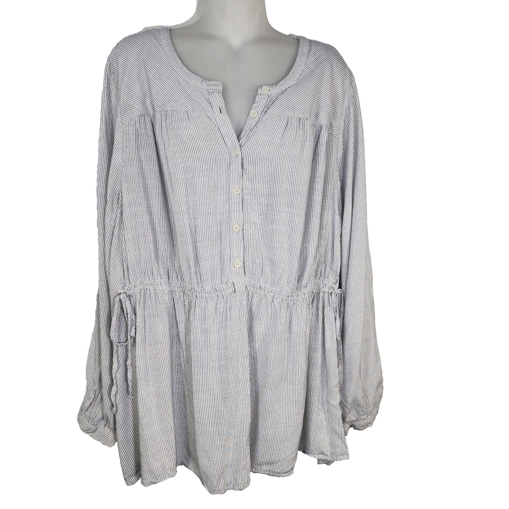 Lane Bryant Women Blouse Size 22/24 White Striped Illusion Collection Button Tie